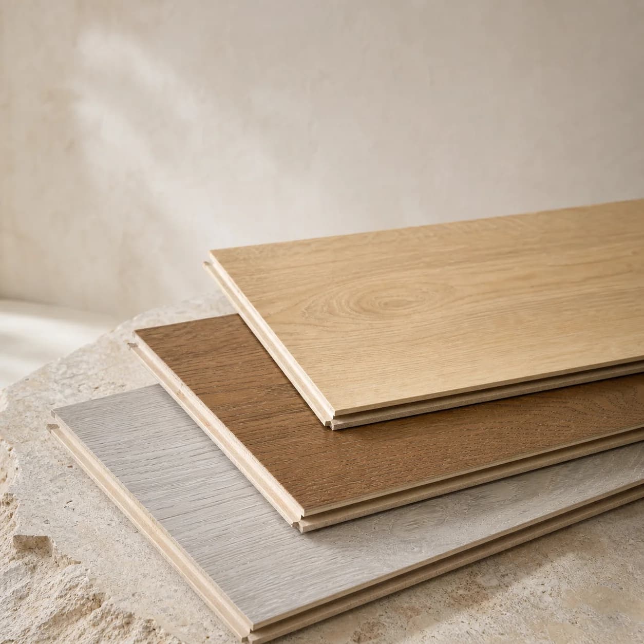 Flooring finishes laid out side by side