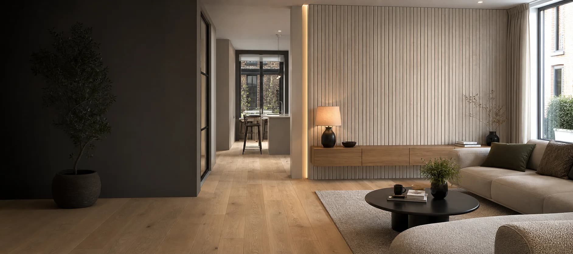 Contemporary room finished with oak flooring and slatted wall panels